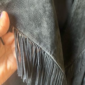 Beautiful black suede Trench coat with fringed collar